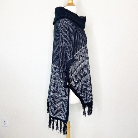 Indigo Black Button Side Fringe Cowl Neck Poncho L - Picture 5 of 11